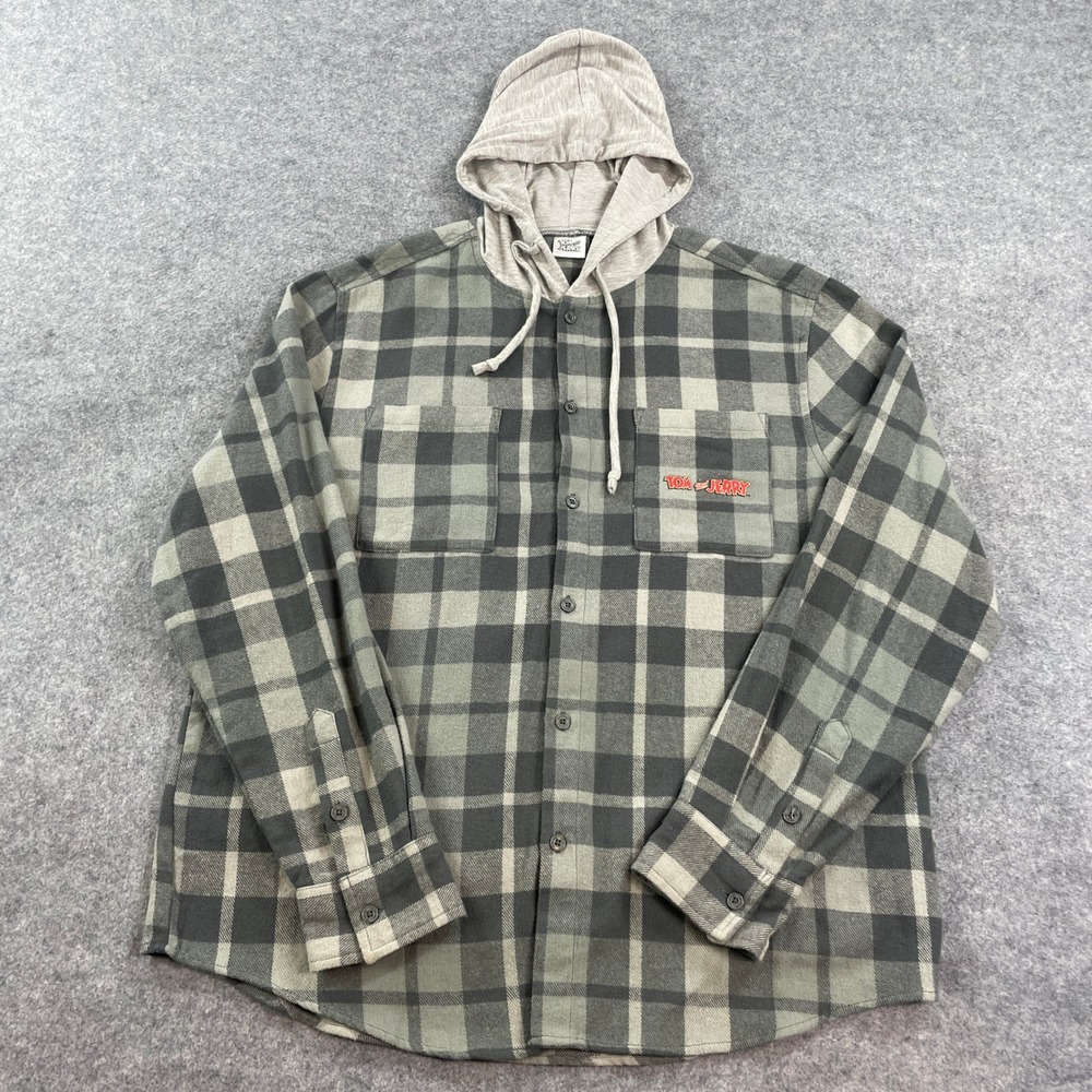 Tom And Jerry Mens Shirt XL Gray Plaid Long Sleeve
